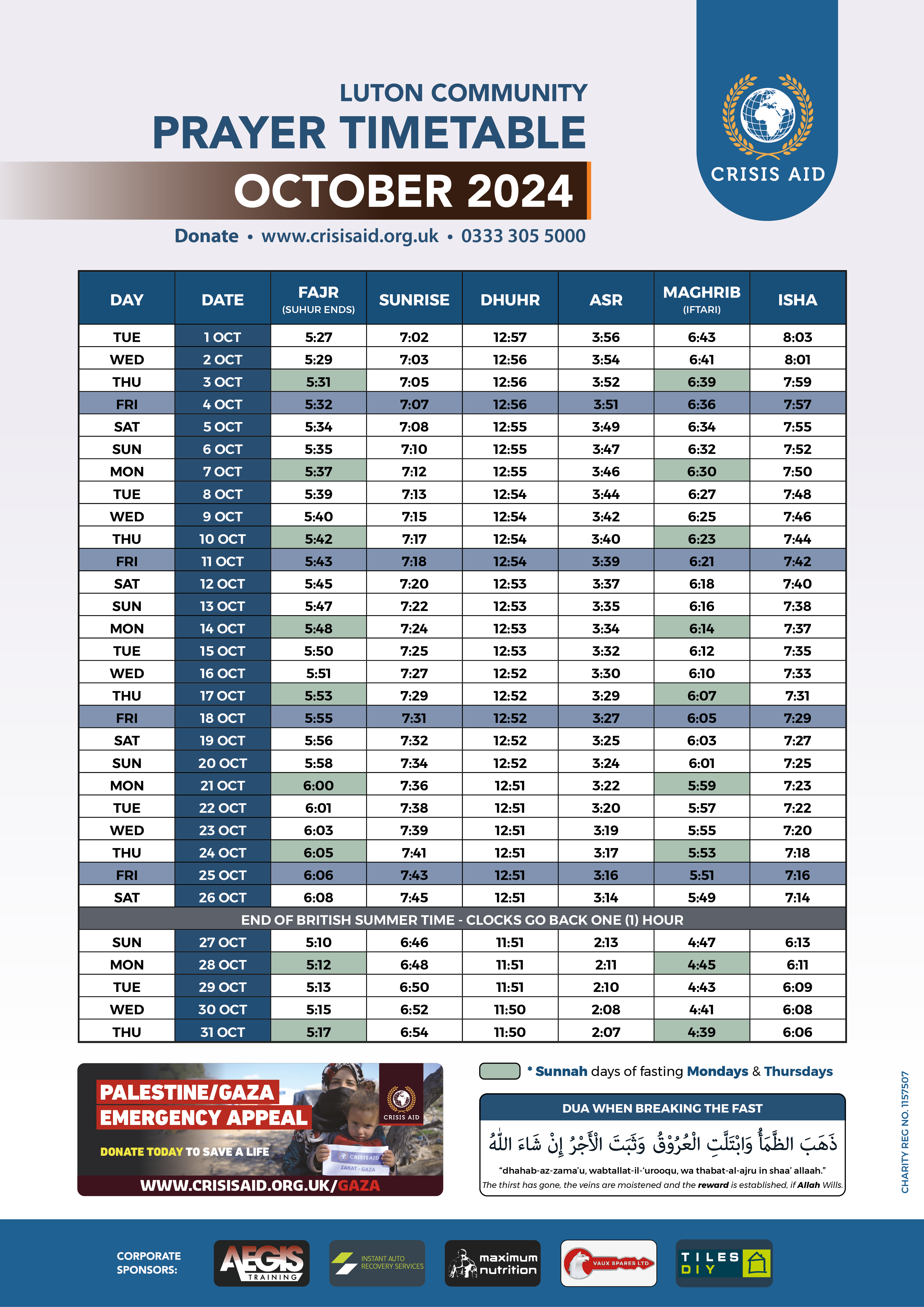 CA Luton Prayer Timetable OCT 2024 - Crisis Aid