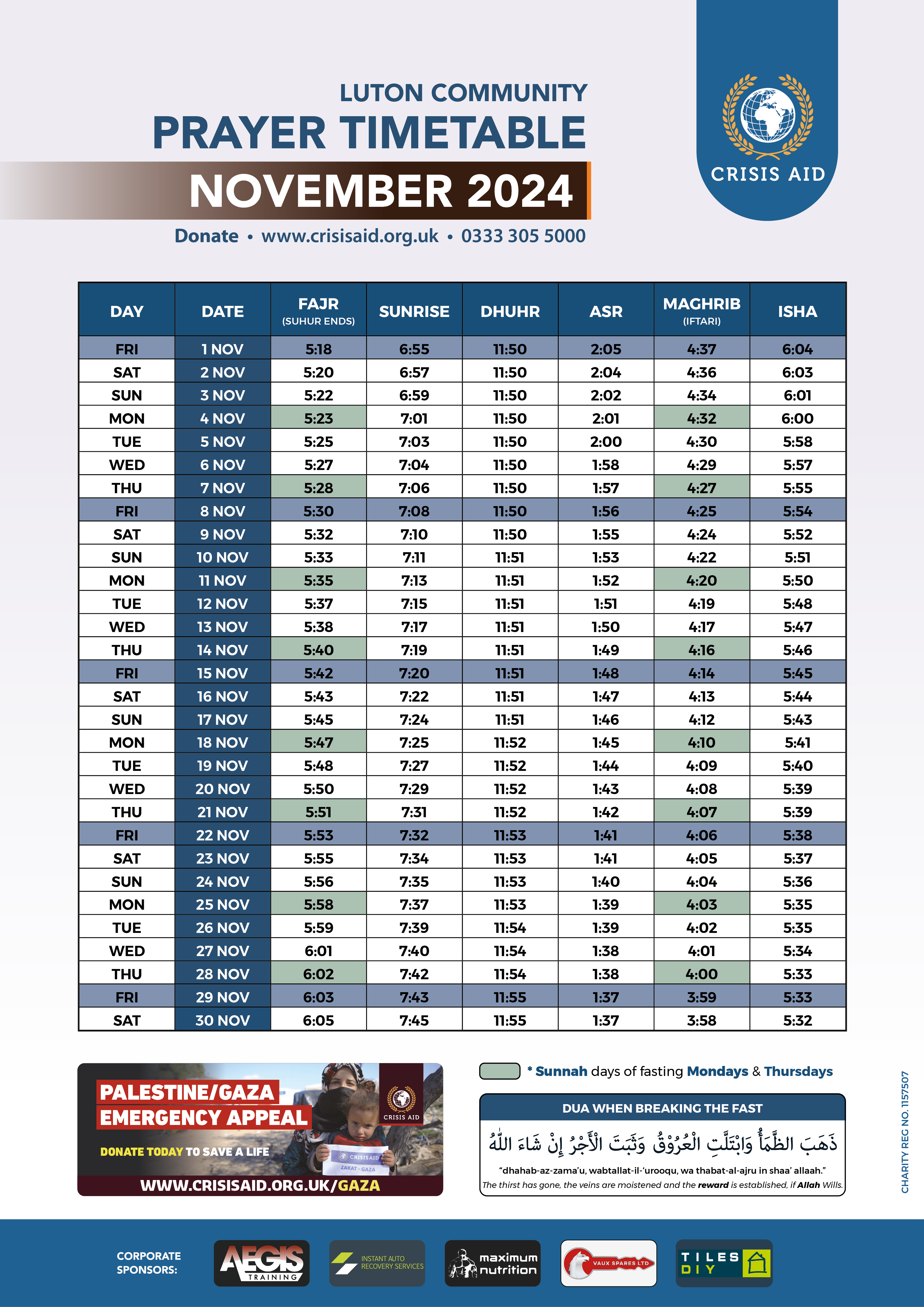 CA Luton Prayer Timetable NOV 2024 - Crisis Aid