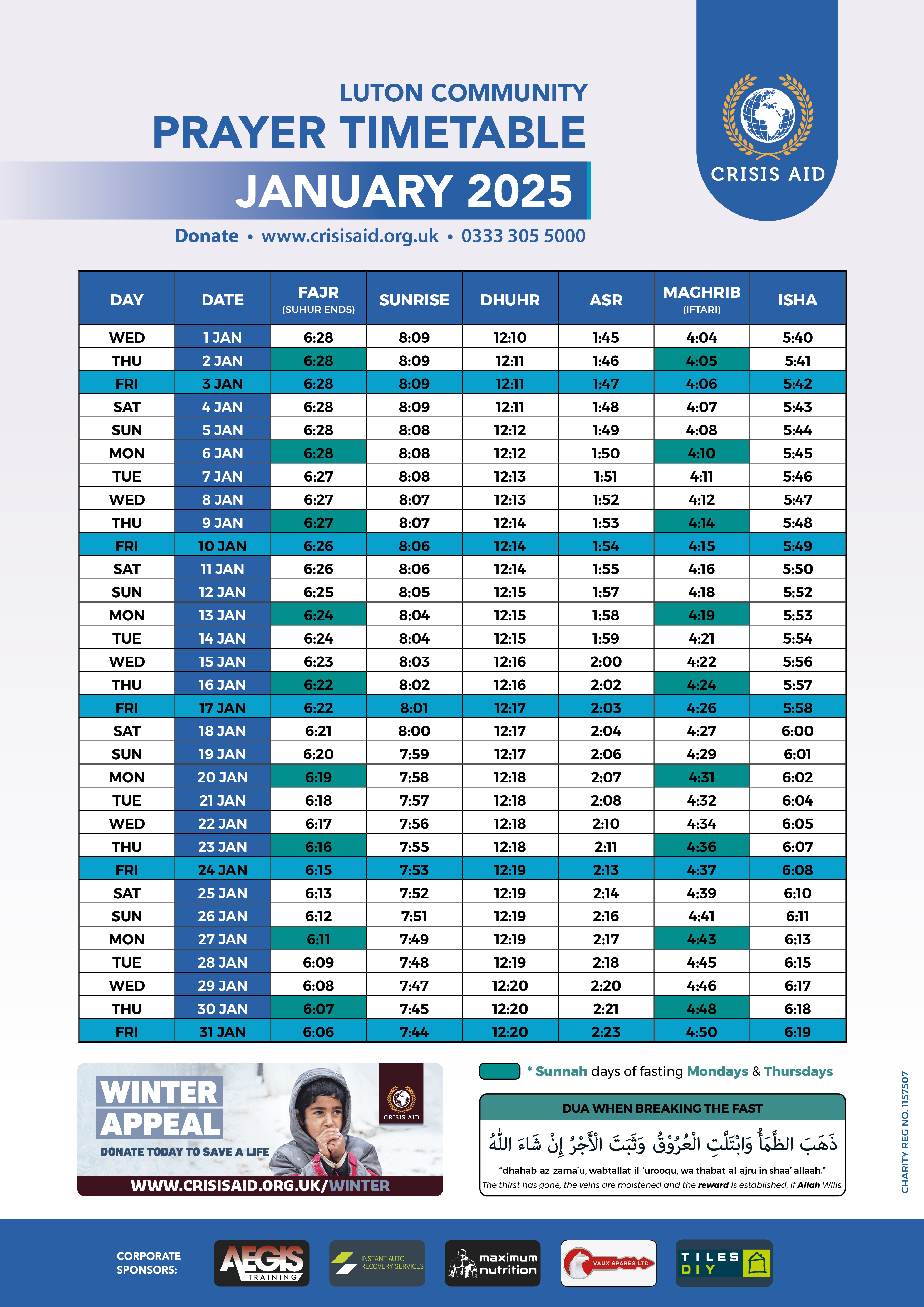 CA Luton Prayer Timetable Jan 2025 - Crisis Aid