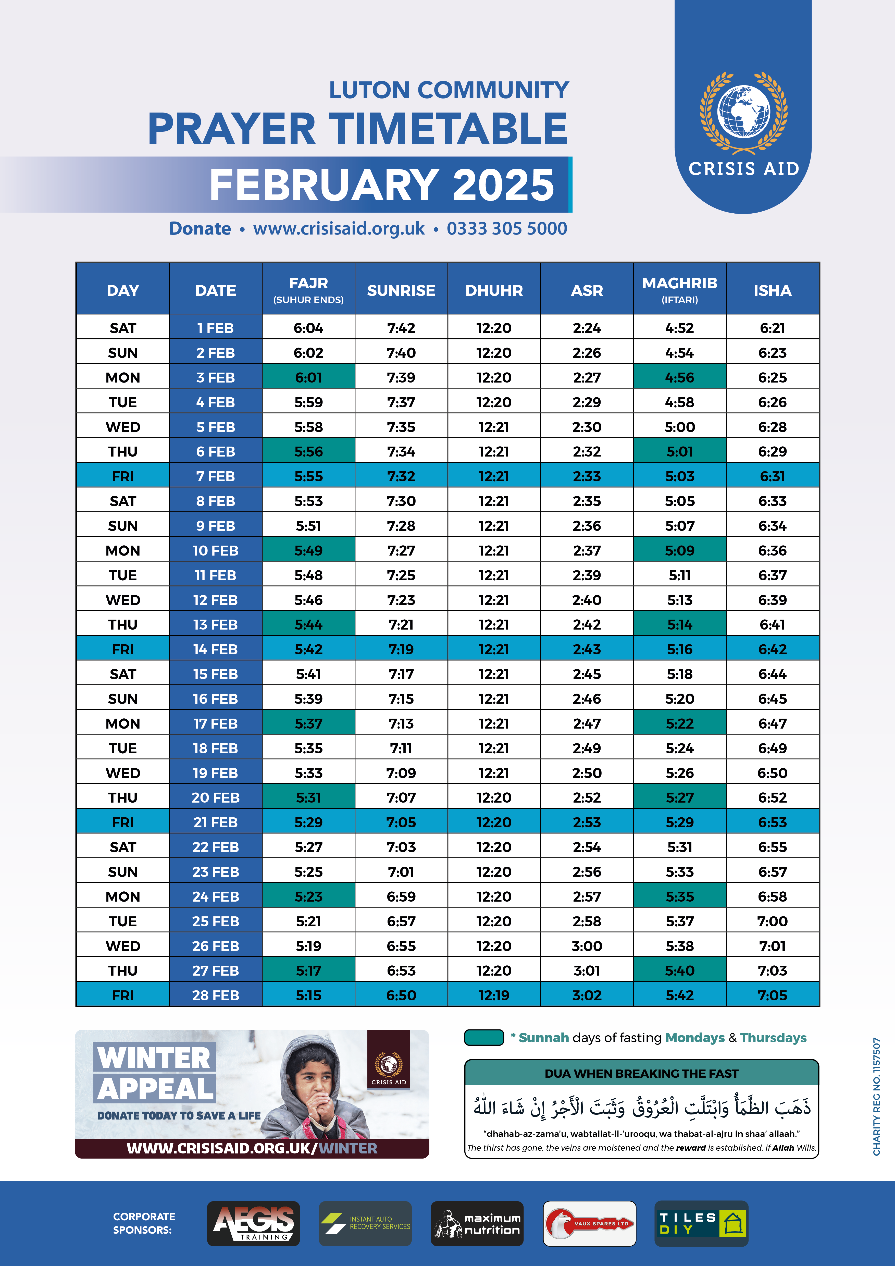 CA Luton Prayer Timetable FEB 2025 - Crisis Aid